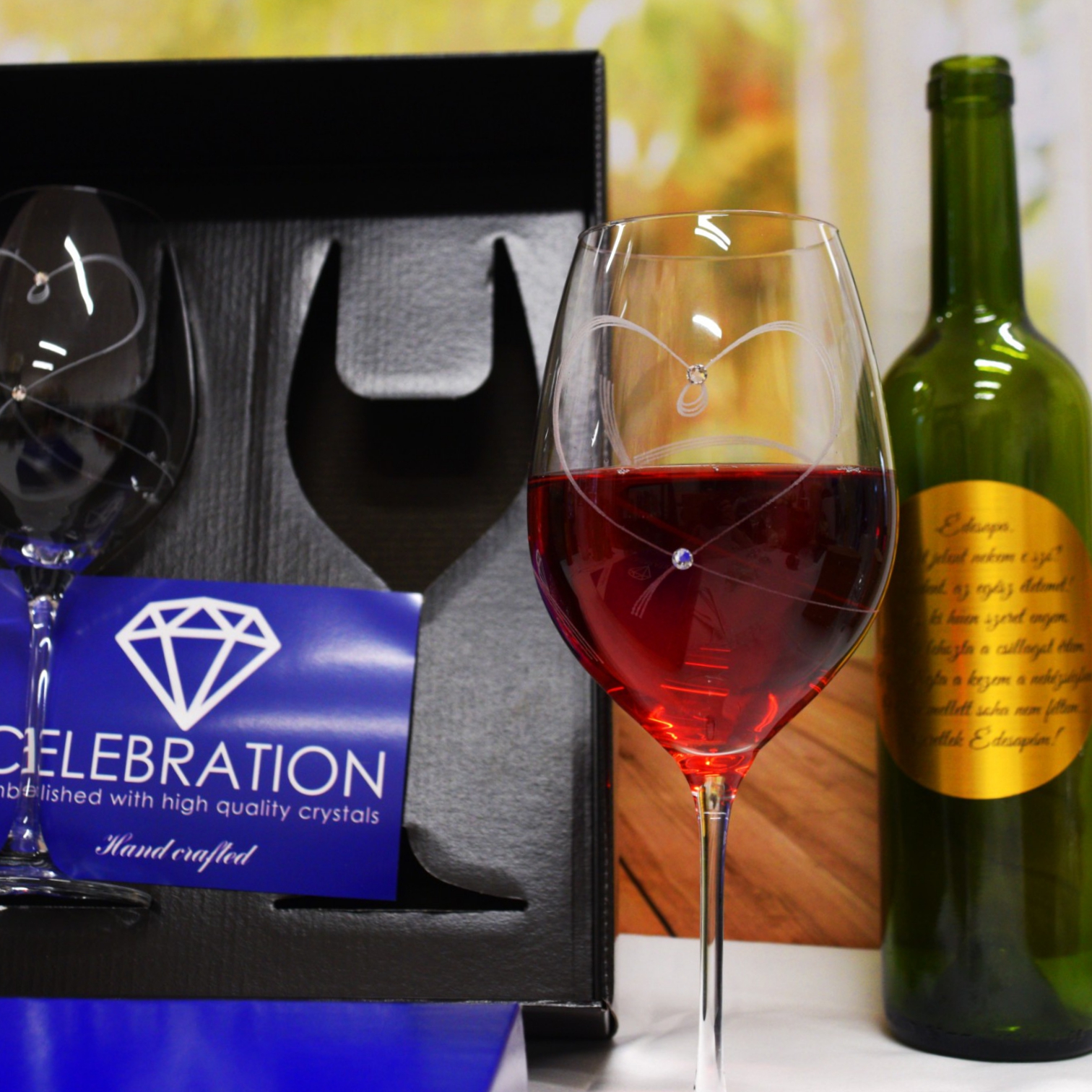 Vörösboros kristálypohár szett prémium kristályokkal, szív minta - Image 3