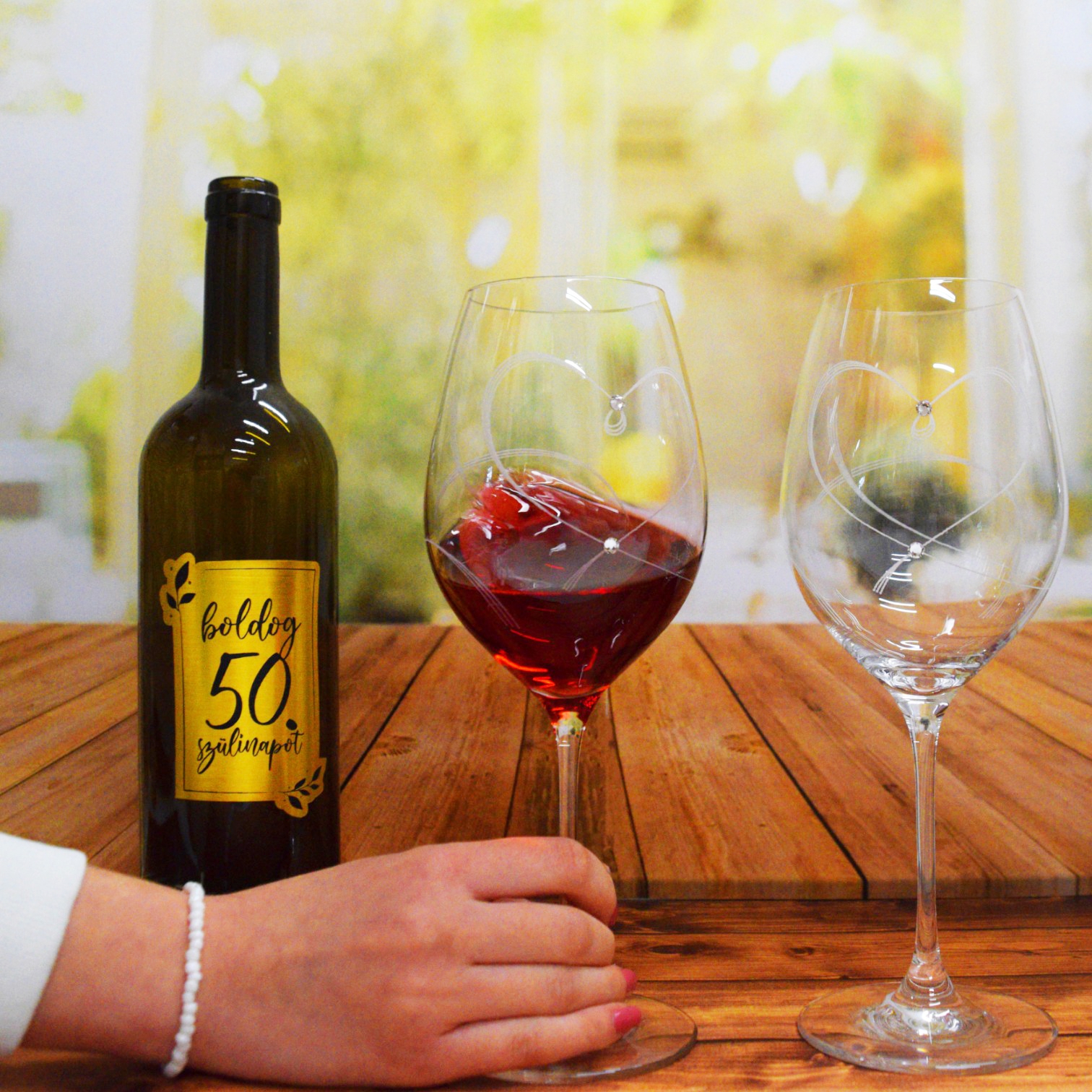 Vörösboros kristálypohár szett prémium kristályokkal, szív minta - Image 4