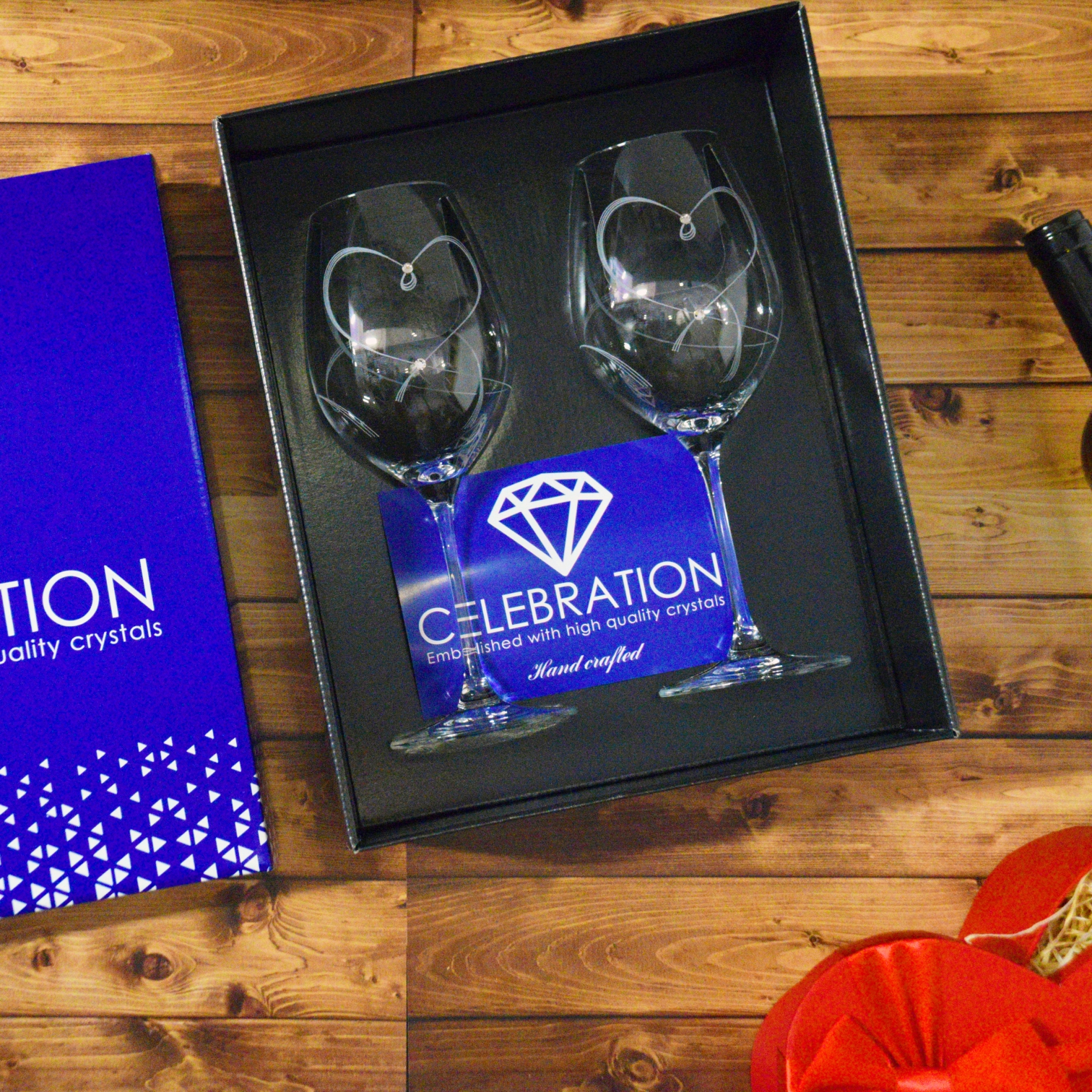 Vörösboros kristálypohár szett prémium kristályokkal, szív minta - Image 5